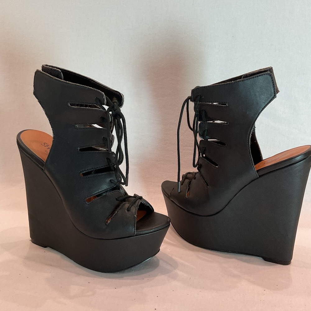 NASTY GAL Black Lace Up Gladiator Platform Wedge Boots Whimsigoth Punk Bold Sz 6 - Picture 2 of 16